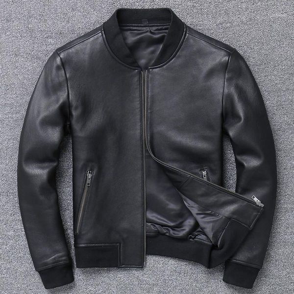 

men's leather & faux zvaqs real sheepskin jacket 2021 spring coats slim mandarin collar casual jaqueta couro masculina 3511 pph8531, Black