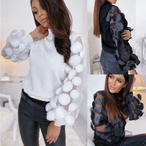 

women spring summer t-shirt fashion dot appliques lace patchwork see through high neck puff sleeve solid color slim pullover top, White