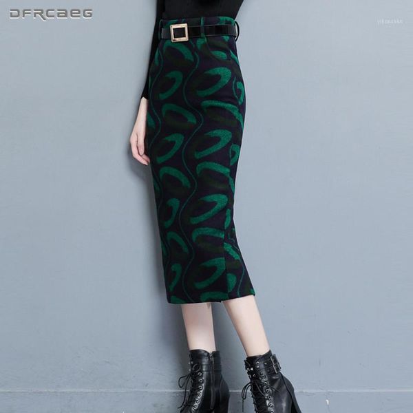 

s-4xl plus size wool skirt women 2019 winter high waist print woolen pencil skirts female vintage elegant split saias feminina1, Black