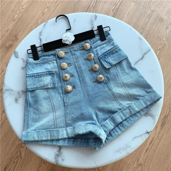 

high waist jeans shorts for women 2020 summer new retro temperament double-breasted all-match slim curling denim shorts slim1, Blue