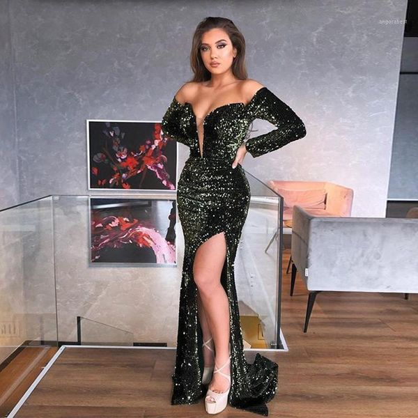 

2020 fancy blackish green off the shoulder long sleeve side split sequin mermaid sweep train prom dresses party dress1, White;black