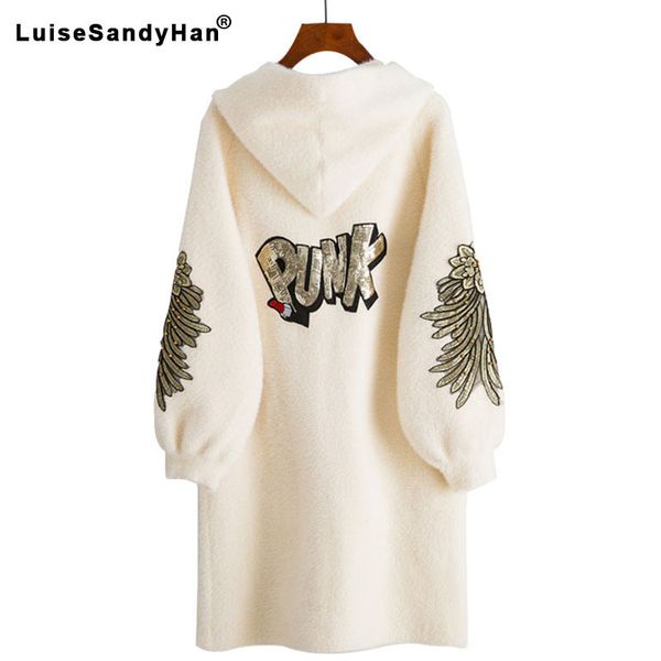 

womens faux fur coat fashion female long printed letter overcoat hooded jacket autumn winter full sleeve warm casual 201029, Black