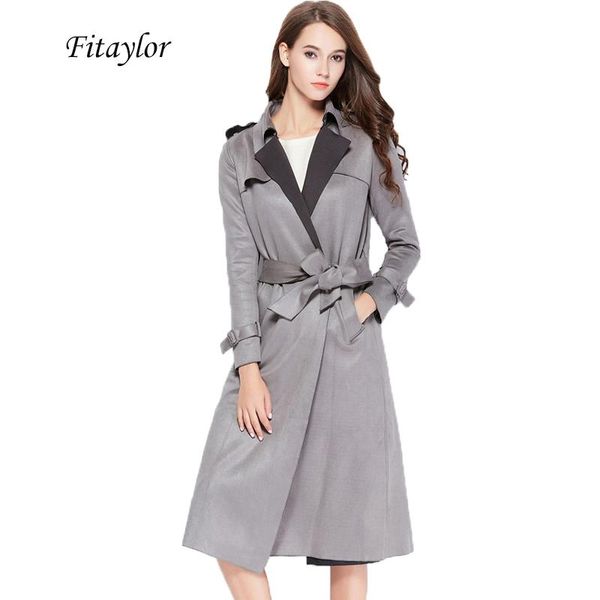 

fitaylor women spring autumn buckskin windbreaker cardigan coat plus size s-xxl fashion turn-down collar medium long coat, Tan;black