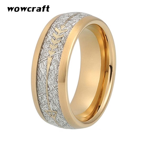 

8mm new cool gold mens tungsten carbide ring womens wedding band meteorite gold arrow inlay comfort fit 201218, Golden;silver