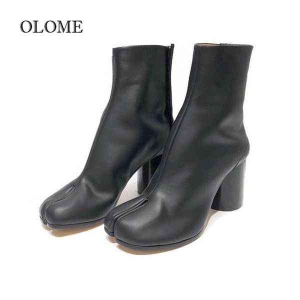

spring fashion split toe boots women chunky round high heels women leather botas mujer new brand design winter shoes women t200425, Black
