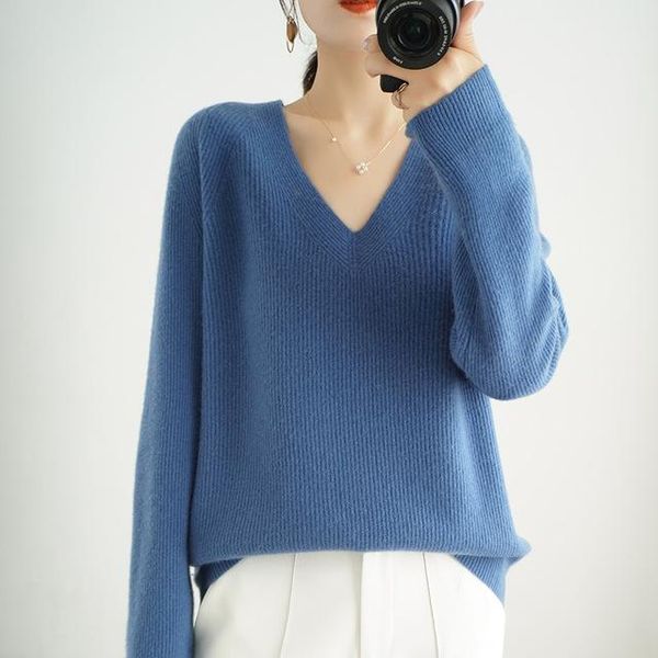 

high-end autumn winter cashmere sweater women v neck loose plus size girl clothes standard outwear, White;black