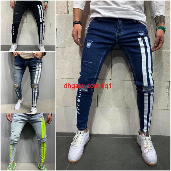 

2020 print new men's slim hole leggings painted jeans men's, Blue