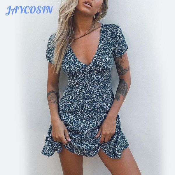 

casual dresses jaycosin 2021 women dress fashion vintage floral print elegant mini v-neck short sleeve ruffles a line summer1, Black;gray