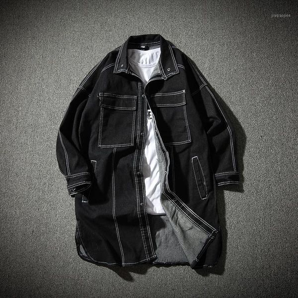 

2021 new men's clothing fashion autumn long design denim jacket plus size outerwear loose cool trench trend singer costumes1, Black;brown
