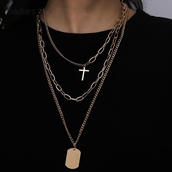 

chains ingesight.z 3pcs/set multi layered stainless steel choker necklace cross geometric square pendant necklaces for women jewelry, Silver