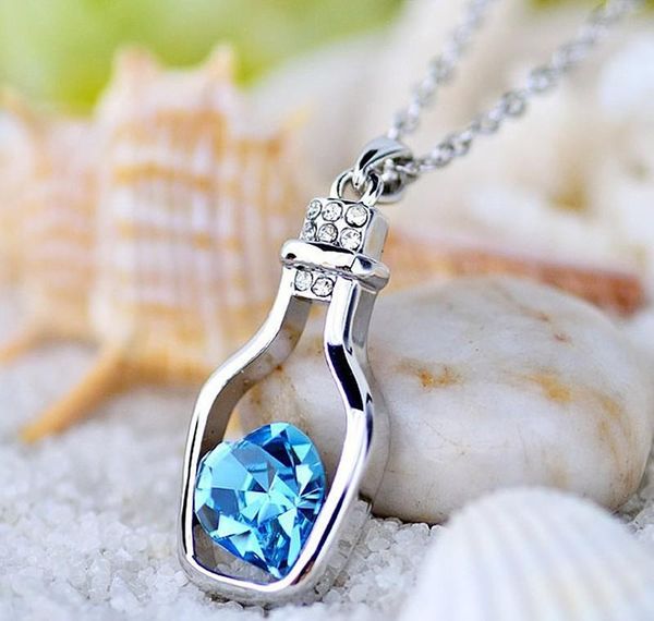 

wholesale-n712 creative women fashion necklace ladies popular style love drift bottles pendant necklace blue heart bbypdb bde_home, Silver
