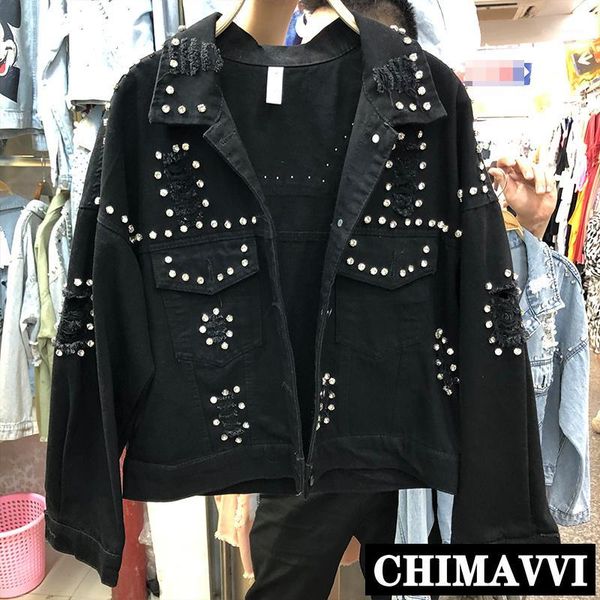 

2020 autumn new korean-style heavy industry diamond hole short denim jacket loose student jeans coat retro ripped jacket1, Black;brown