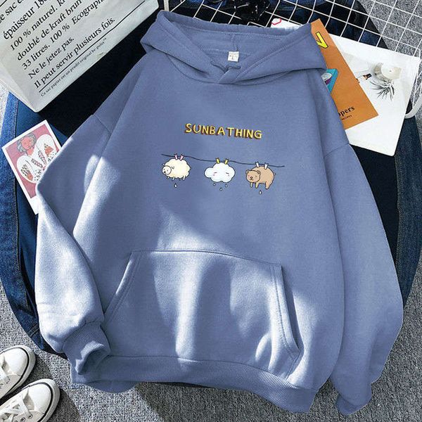 

add velvet and thicken ]winter korean hooded sweater female student japanese loose lazy cartoon print top, Black