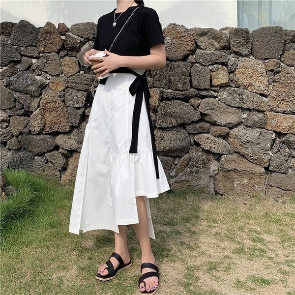 

2021 new spring and summer solid color high waist fashion simple irregular personality plied ruffle hem open throughout the skirt g2sf, Black