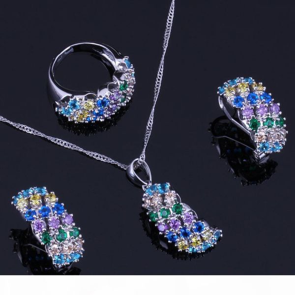 

multigem multicolor yellow cubic zirconia 925 sterling silver jewelry sets for women earrings pendant chain ring v0307