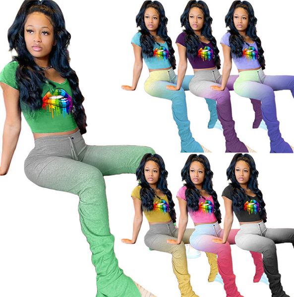 

two size trendy sleeve women outfits plus piece set 3205 gradient stack short summer print tshirt 2x flared leggings crop pants des xvsa, Black