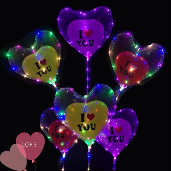 

2021 valentine's day led love heart shape balloon 20inch luminous transparent bobo balloon birthday wedding party decoration balloon h1