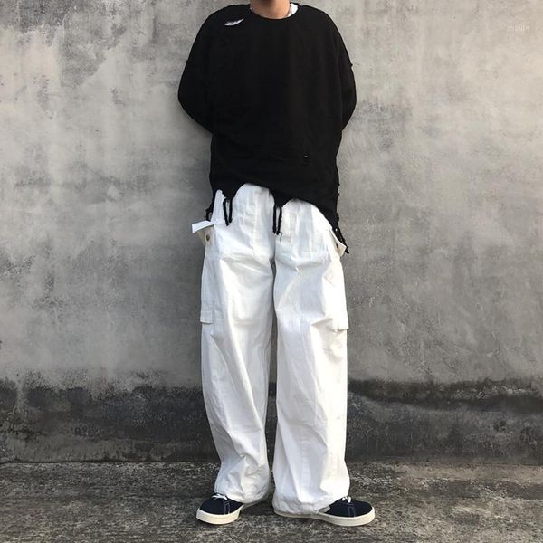 

solid white side pocket loose straight baggy wide cargo casual pant women man fashion plus size korean track trouser streetwear1, Black;white