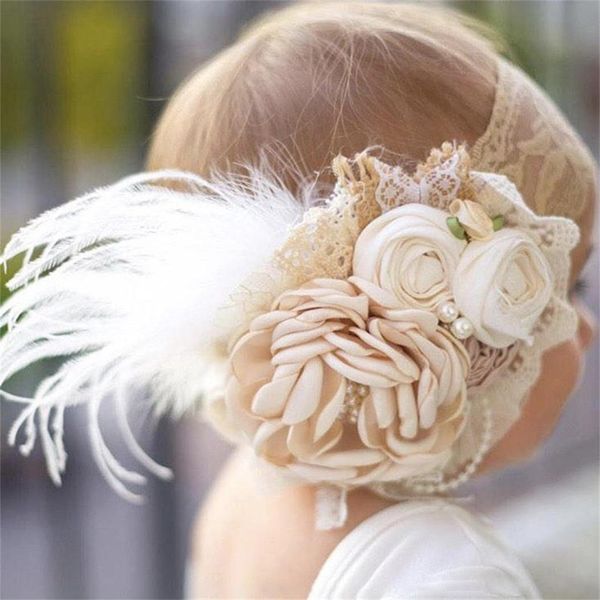 

vintage flower headband baby girls headwraps newborn pgraphy props gifts lace elastic hair bands pearl feather accessories q1214, Slivery;white