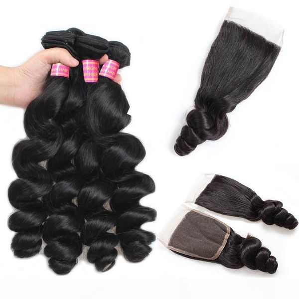 

10a mink brazilian loose wave hair with closure 4 bundles unprocessed virgin hair weave wet and wavy brazilian human hair bundle deals, Black