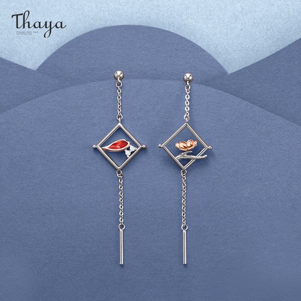 

thaya original silver-plated plum blossom red drip oil stud square earrings for women elegant fine jewelry q1214, Golden;silver