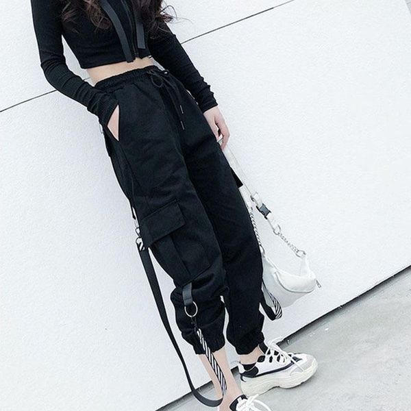 

big pockets pants women high waist loose streetwear pants baggy tactical trouser hip hop joggers new1, Black;white
