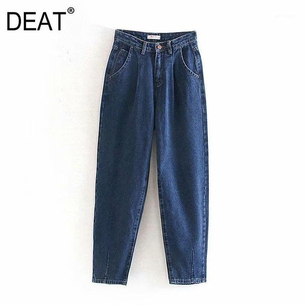 

deat] 2020 spring autumn new fashion loose straight high waist pleated temperament all-match women bule long jeans 13u2161, Blue
