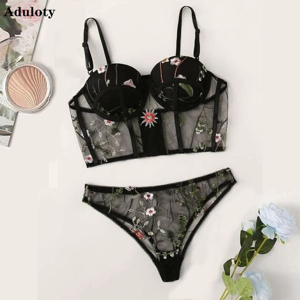 Aduloty Sexy rückenfreier BH und Höschen Spitze Blumenstickerei Unterwäsche Mesh Bügel Push Up Dessous Set Damen Slips Großhandel LJ201031