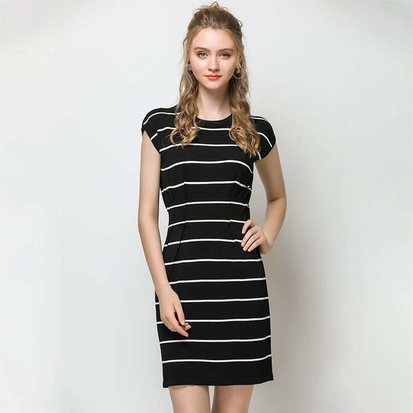 

striped ice silk knitted dress summer new slim short sleeve skirt for women, Black;gray
