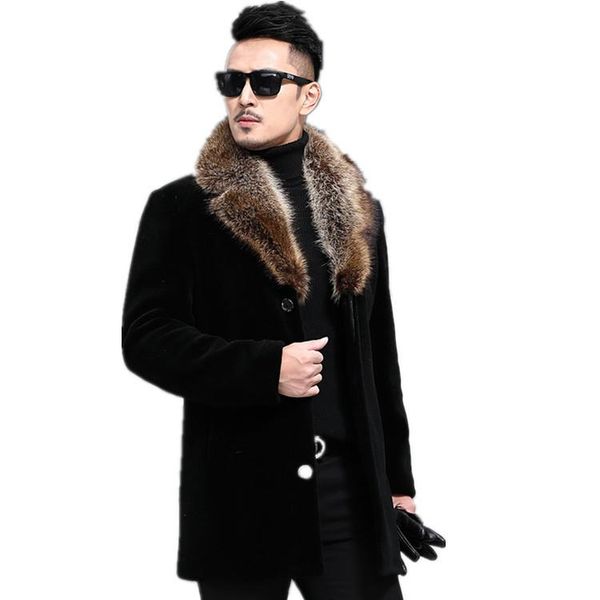 

overcoat male wool blend autumn winter coat men with artifical fur collar coat men winter trench plus size m-5xl, Black