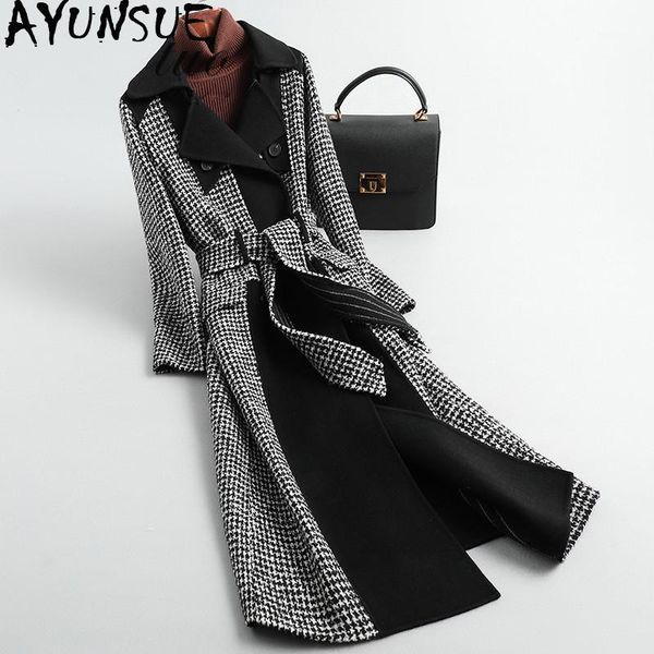 

ayunsue 100% wool coat winter jacket women clothes 2020 double side woolen coat female korean plaid long jackets abrigo mujer my1, Black