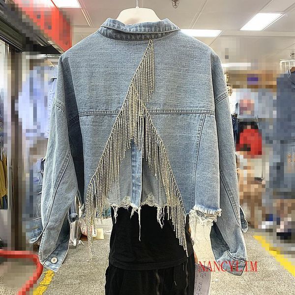 

bling diamond tassel chain back open fork denim jacket womens autumn irregular loose short cowboy coat girls students jean coats1, Black;brown