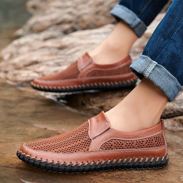 

PU Leather Men Shoes Stitching Material Summer Breathable Casual Mesh Shoes Male Comfy Soft Loafers Zapatos De Hombre 38-48 #HD1J
