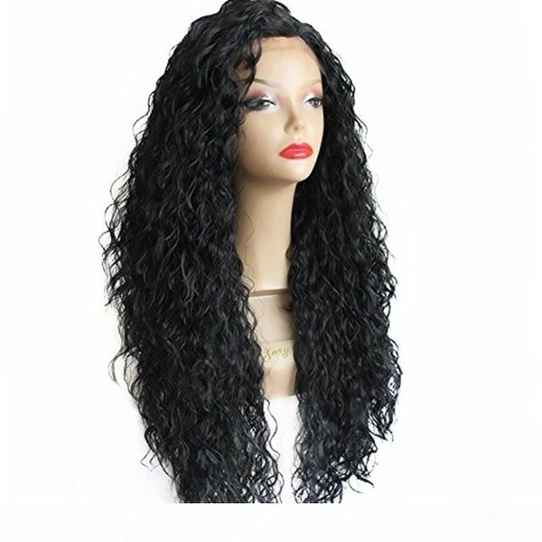 

1b# loose curly wigs synthetic lace front wigs with baby hair 180% density black color heat resistant synthetic hair wigs