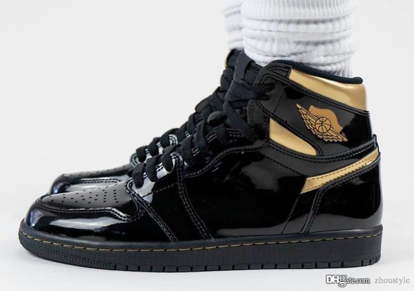 

air authentic 1 high og black metallic gold sneakers retro black gold patent leather 1s men sports shoes with box 555088-032