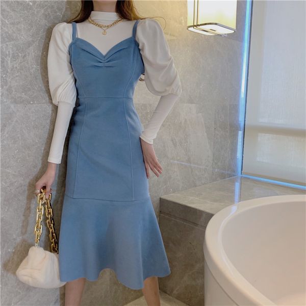 

spring sweet elegant trumpet party slim midi office lady french high street korean women 2021 new b627, Black;gray