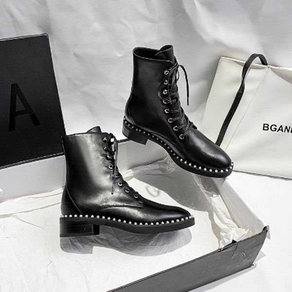 

women's boots short british leather motorcycle casual shoes, Black