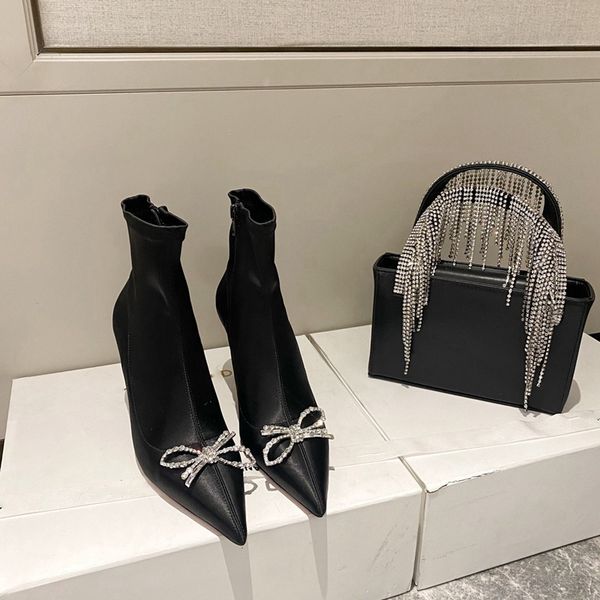 

fashion boot womens pointy toe rhinestones beads bow ankle boots silk and genuine leather good quality heel shoes bowknot, Black