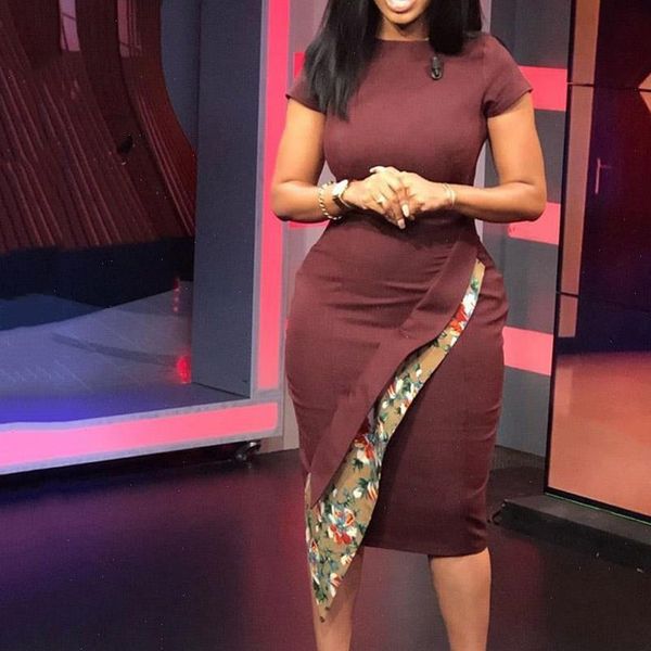 

burgundy round neck party dress short sleeves summer knee length elegant women office plus size patchwork ladies dresses s 3xl, Black;gray