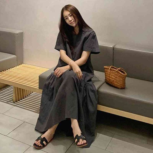 

women solid color loose dresses summer casual korean o-neck short sleeve female dress, Black;gray