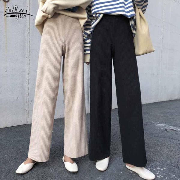 

high waist thick women 2020 stripe black apricot trousers loose casual winter drape knitted wide-leg elastic waist pants 12321, Black;white