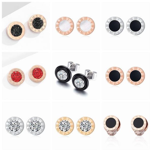 

korean simple roman numeral stud earrings for women brand jewelry stainless steel crystal round small earing pendientes mujer, Golden;silver