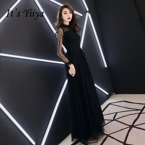 It's YiiYa Abendkleid Mode Dot Print Schwarz Lange A-Linie Formale Kleider Langarm Chiffon Elegantes Partykleid LJ201123