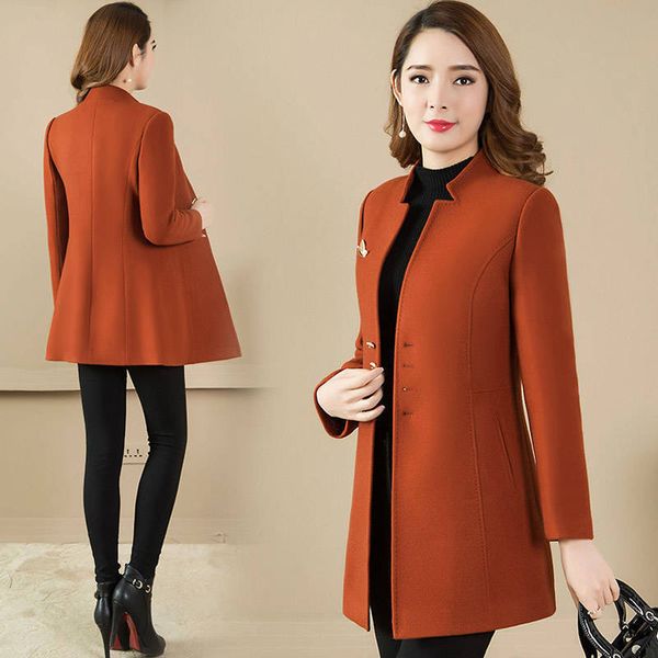 

new autumn winter women's long stand-up collar woolen slim trench coat l826, Black