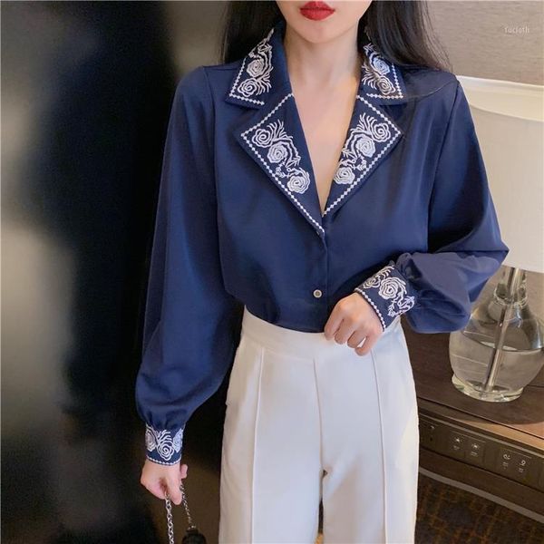 

feme elegant embroidery blouse women's autumn casual office lady loose shirt designer buttons bottoming shirts for women1, White