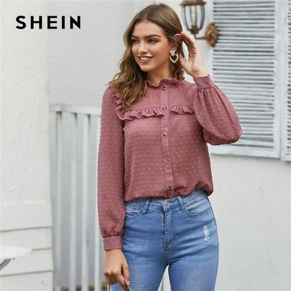 

shein pink swiss dot frill trim sheer shirt blouse women spring long sleeve stand collar office lady elegant buttoned blouses1, White