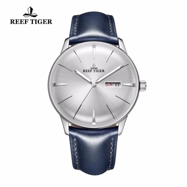 Armbanduhren 2021 Reef Tiger/RT Herren-Kleideruhren, konvexe Linse, weißes Zifferblatt, automatisches blaues Lederband RGA8238