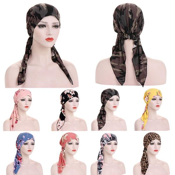 

muslim hijab turban cap women long tail cancer chemo cap floral leopard print turbantes bandana strech hair loss head scarf wrap wmthjc, Black