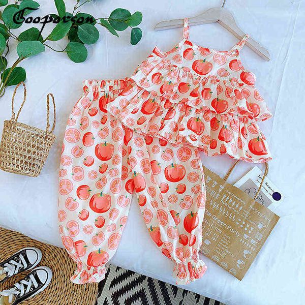 Gooporson verão crianças roupas tomates impressos moda coreano meninas meninas conjunto de roupas sol-toppants crianças roupas de praia g220310