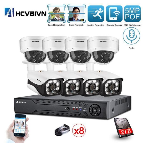 

face detection h.265 8ch 5mp 4k hd cctv set video surveillance kit security camera system audio ip cam p2p poe nvr kit 2tb hdd1